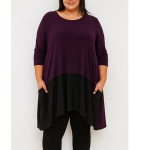 Sun‎ Kim Women's Tunic Dress Size L Purple Black 3/4 Sleeve Pockets USA Made